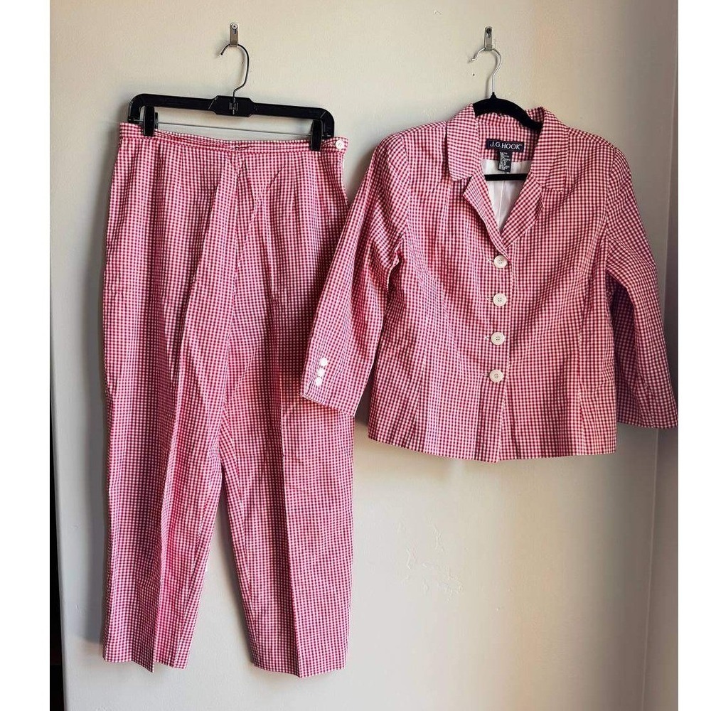 JG Hook Red Vintage Gingham Check 2 Pc Blazer Pant Set 10 Preppy Coastal Grandma